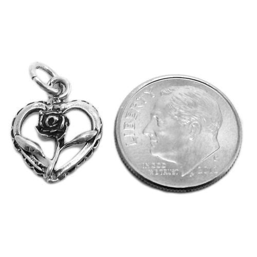 Wonderfully polished Small Rose in Open Heart Charm. Wholesale Sterling Silver Charms - Jewelry. Alternate