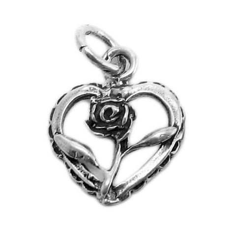 Wonderfully polished Small Rose in Open Heart Charm. Wholesale Sterling Silver Charms - Jewelry. Main.