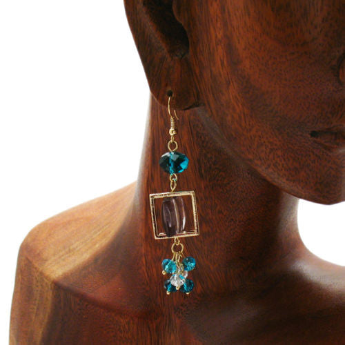 Square smoke colored crystal with teal accents on long hook earrings | Wholesale Fashion Jewelry | Alternate photo