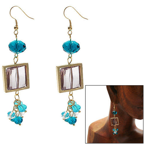 Square smoke colored crystal with teal accents on long hook earrings | Wholesale Fashion Jewelry | Combo photo