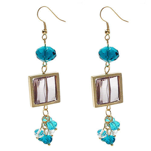 Square smoke colored crystal with teal accents on long hook earrings | Wholesale Fashion Jewelry | Item photo