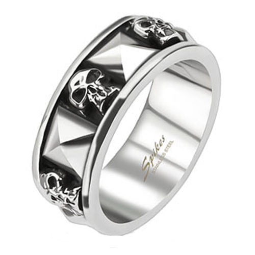 Cast stainless steel ring with alternating skulls and pyramids | Wholesale stainless steel rings - Jewelry