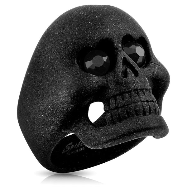 Awesome Wicked Matte Black Cast Stainless Steel Skull Ring With Black CZ Hearts in the Eye Sockets.