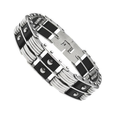 Steel and rubber link bracelet with embedded studs | Wholesale 316L Stainless Steel Jewelry