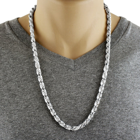 Sterling Silver Diamond Cut Rope Chain Necklace in 7mm Width, Gauge 150. Available in 6 Lengths.