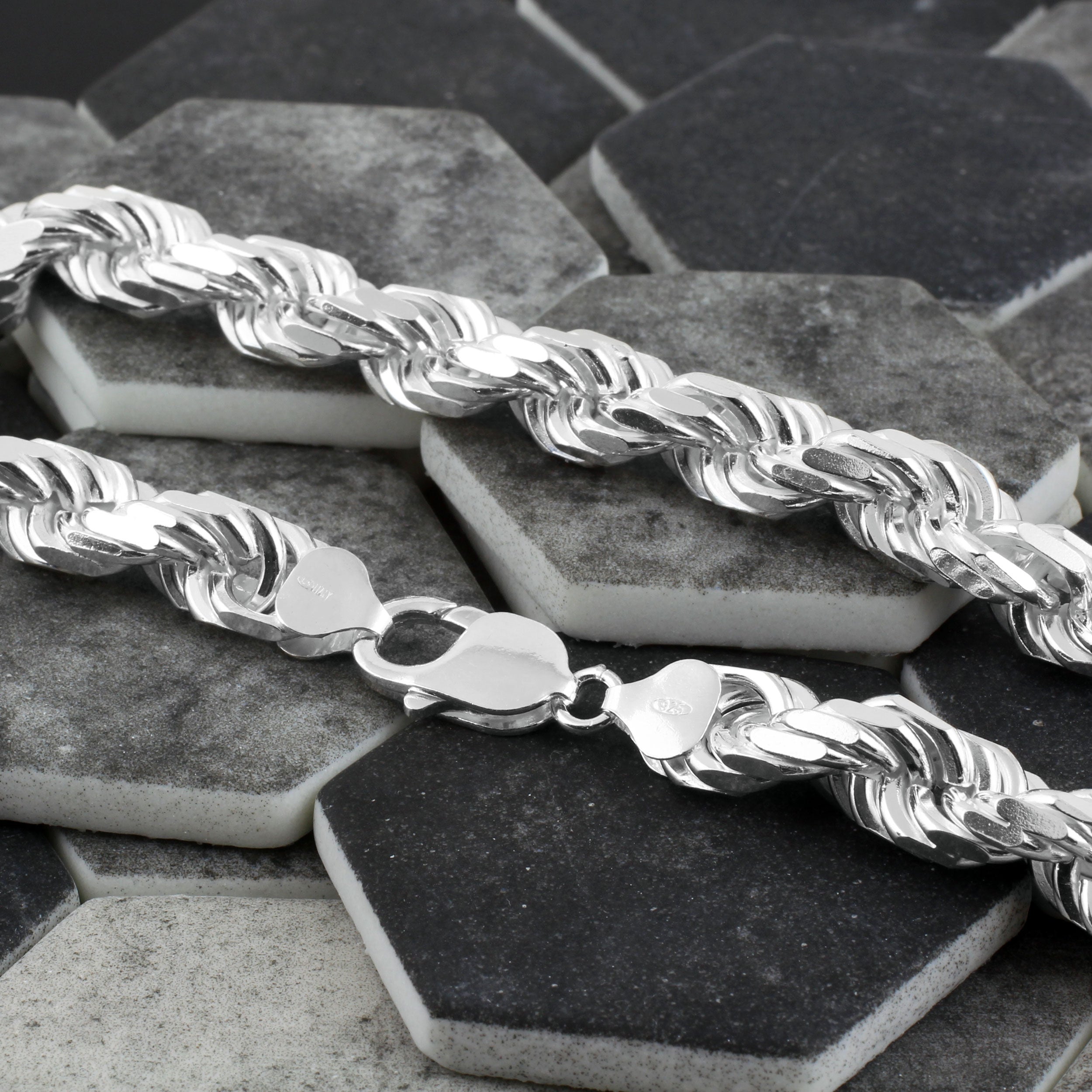 Sterling Silver Diamond Cut Rope Chain Necklace in 9mm (Gauge 200) Width. Available in 6 Chain Lengths.
