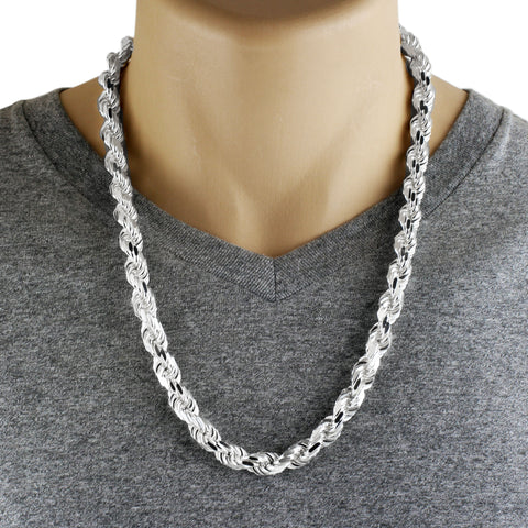 Sterling Silver Diamond Cut Rope Chain Necklace in 9mm (Gauge 200) Width. Available in 6 Chain Lengths.