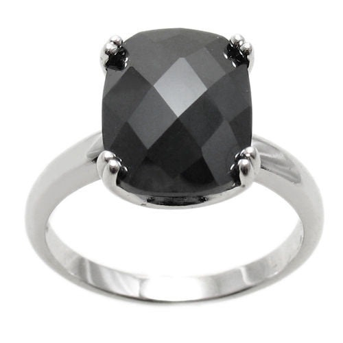 Ring with 10x14mm rectangular black / obsidian colored CZ solitaire. Wholesale sterling silver rings. Alternate photo.
