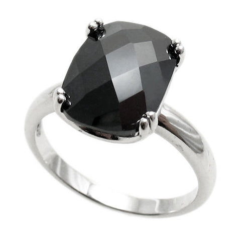 Ring with 10x14mm rectangular black / obsidian colored CZ solitaire. Wholesale sterling silver rings. Main photo.
