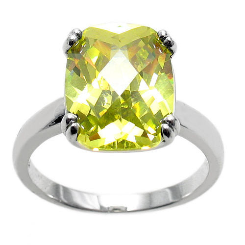 Spectacular Ring with Lime / Peridot Colored Rectangular 10x14mm CZ Solitaire in Sterling Silver.
