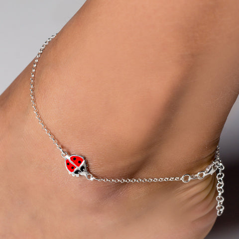 Sterling silver rolo chain ankle bracelet w/ enamel ladybug charm | Wholesale 925 sterling silver jewelry | Main photo