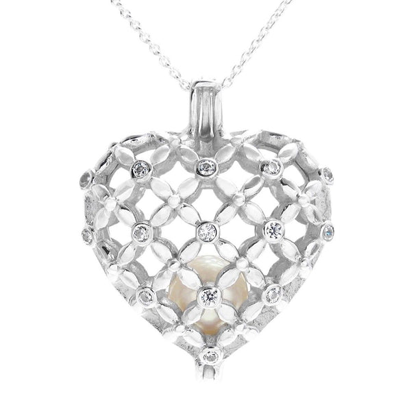 Stunning 925 Sterling Silver Large Heart Pearl Cage Pendant with CZ Accents - w/ Pearl Photo