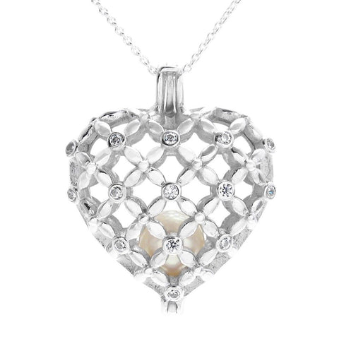 Stunning 925 Sterling Silver Large Heart Pearl Cage Pendant with CZ Accents - w/ Pearl Photo
