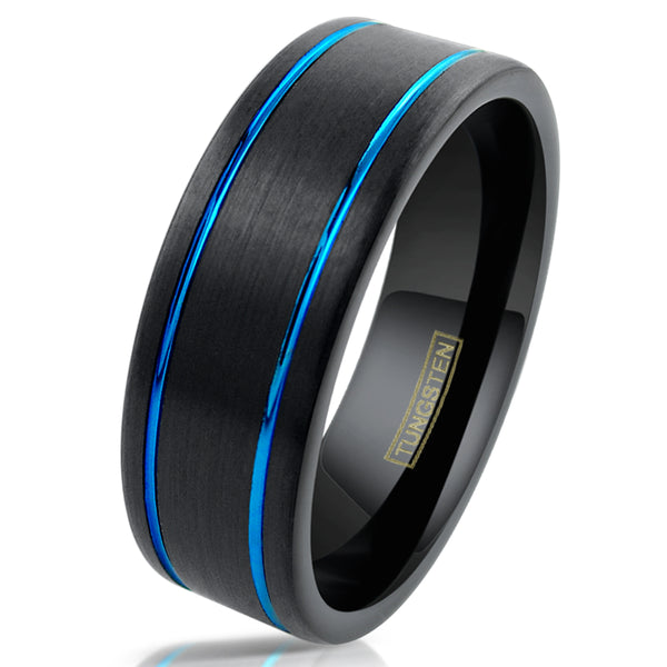 Black tungsten carbide ring w/ dual cobalt blue racing stripes | Wholesale tungsten ring - wedding band | White photo