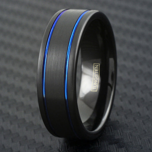 Black tungsten carbide ring w/ dual cobalt blue racing stripes | Wholesale tungsten ring - wedding band | Black photo