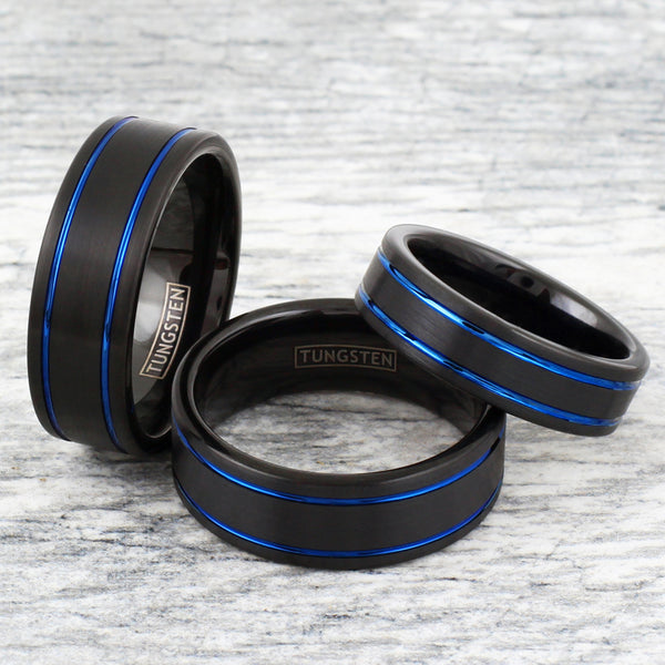 Black tungsten carbide ring w/ dual cobalt blue racing stripes | Wholesale tungsten ring - wedding band | Group photo