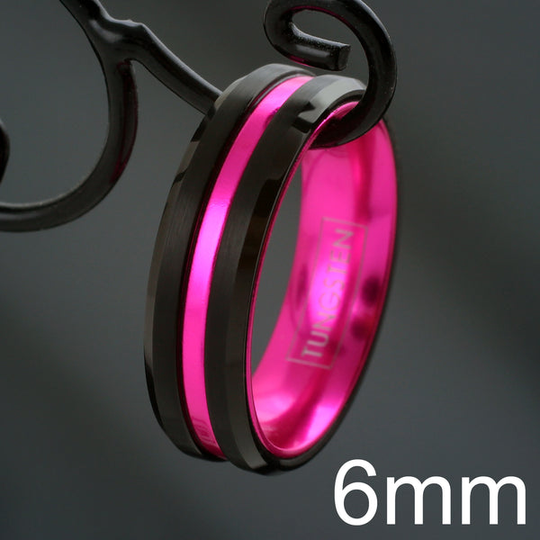 Black tungsten ring | pink anodized aluminum inner band & stripe | Beveled edges | Wholesale tungsten rings - wedding bands | 6mm photo