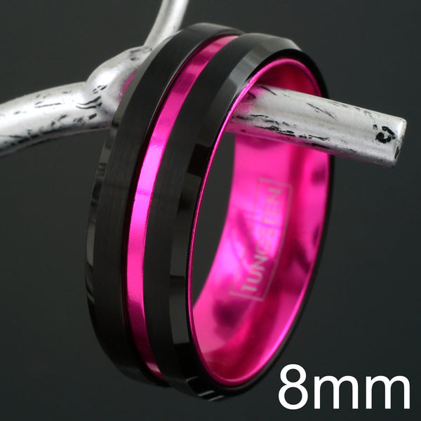 Black tungsten ring | pink anodized aluminum inner band & stripe | Beveled edges | Wholesale tungsten rings - wedding bands | 8mm photo