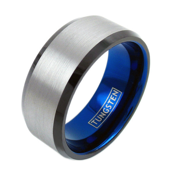 Wide cobalt blue tungsten ring w/ satin finish silver band | Wholesale tungsten ring - Wedding band | Diagonal