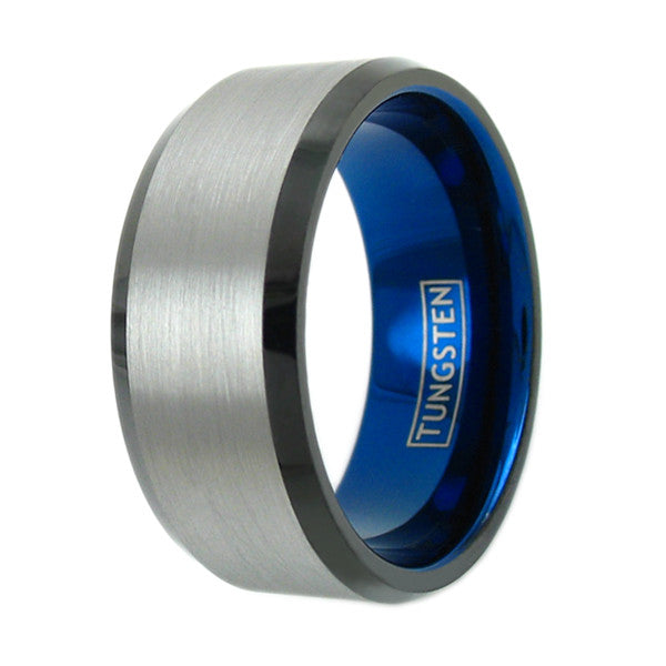 Wide cobalt blue tungsten ring w/ satin finish silver band | Wholesale tungsten ring - Wedding band | Upright