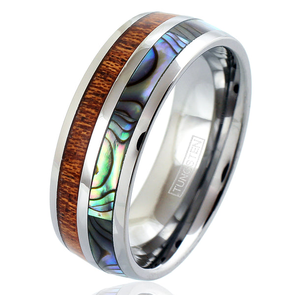 Silver tungsten dome ring w/ Koa wood & Abalone shell inlays | Wholesale tungsten rings- wedding bands | Diagonal photo