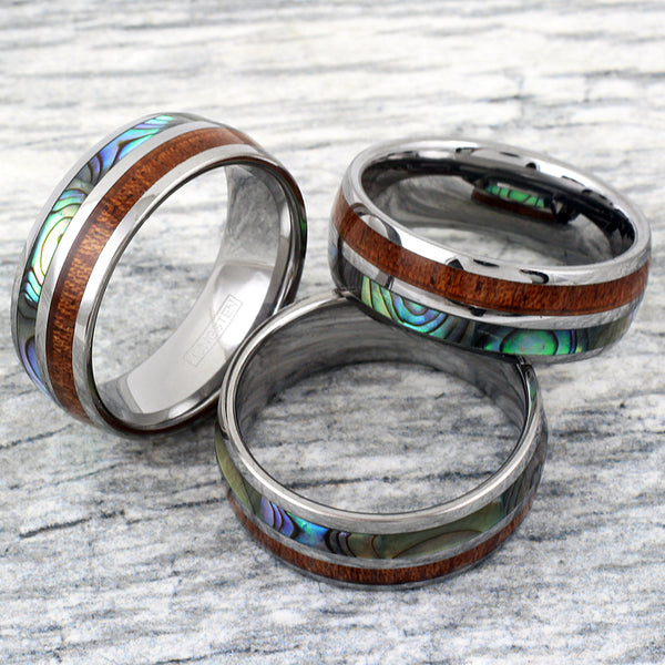 Silver tungsten dome ring w/ Koa wood & Abalone shell inlays | Wholesale tungsten rings- wedding bands | Group photo