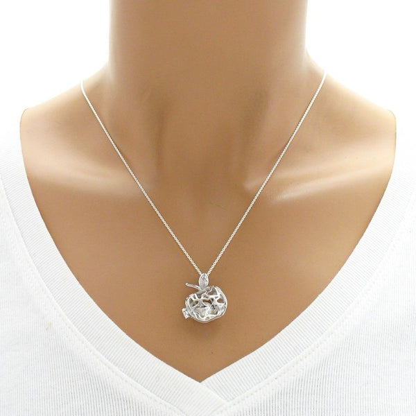 Wonderful 925 Sterling Silver Big Apple Pearl Cage Pendant with CZ Accented Leaf.
