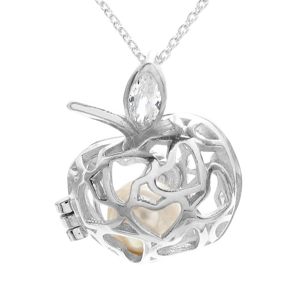 Wonderful 925 Sterling Silver Big Apple Pearl Cage Pendant with CZ Accented Leaf.