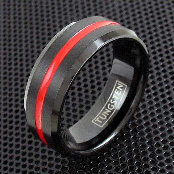 2-tone black tungsten ring with recessed red stripe & beveled edges | Wholesale tungsten rings - wedding bands