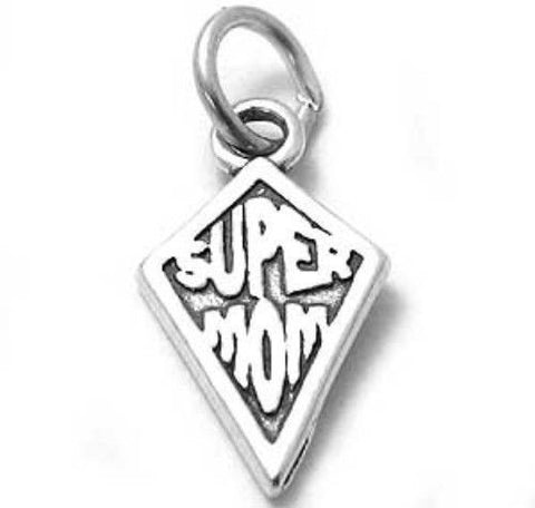 Whimsical "Super Mom" Diamond Talking Charm. Wholesale Sterling Silver Charms - Jewelry