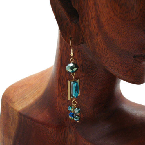 Square teal crystal with blue/green accents on long hook earrings | Wholesale Fashion Jewelry | Alternate photo
