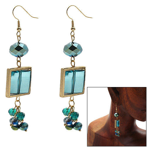 Square teal crystal with blue/green accents on long hook earrings | Wholesale Fashion Jewelry | Combo photo