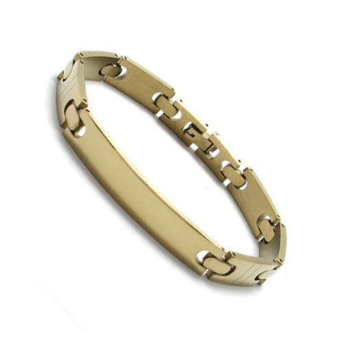 Thin scored section link bracelet with engravable plate | Wholesale 316L Stainless Steel Jewelry | Gold photo