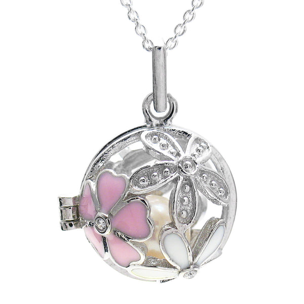 Charming Sterling Silver Ball Pearl Cage w/ Pink & White Enamel Flowers | Wholesale 925 Sterling Silver Jewelry | Pearl photo