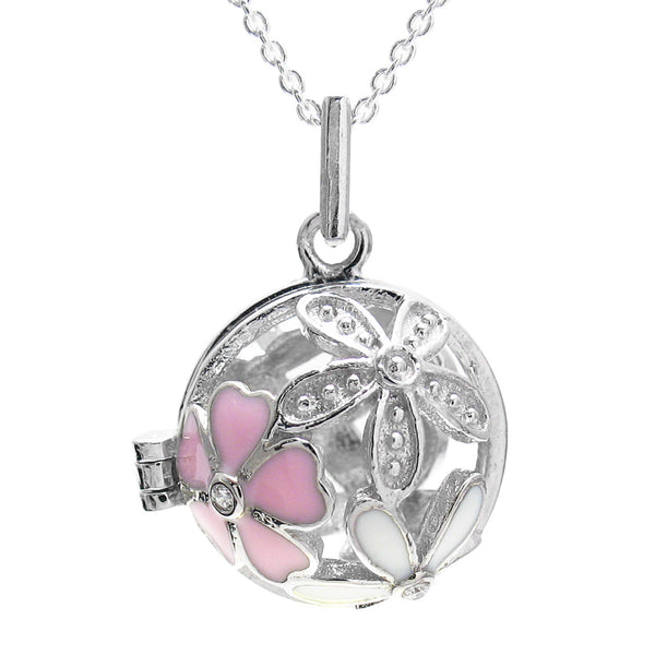 Charming Sterling Silver Ball Pearl Cage w/ Pink & White Enamel Flowers | Wholesale 925 Sterling Silver Jewelry | Main photo