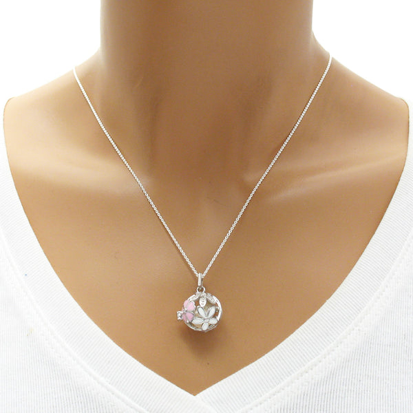 Charming Sterling Silver Ball Pearl Cage w/ Pink & White Enamel Flowers | Wholesale 925 Sterling Silver Jewelry | Mannequin photo