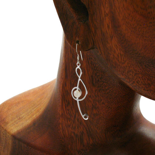Treble clef hanging earrings with freshwater pearl accents | Wholesale 925 Sterling Silver Jewelry | Alternate photo
