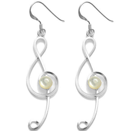 Treble clef hanging earrings with freshwater pearl accents | Wholesale 925 Sterling Silver Jewelry | Item photo