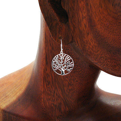 Sterling Silver Tree of Life in Circle Hanging Earrings.