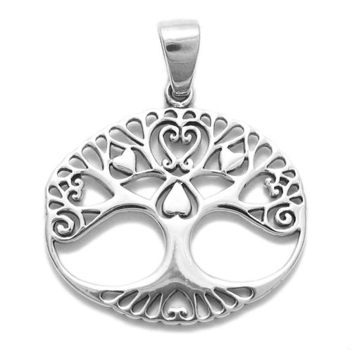 Charming Sterling Silver Hearts Infused Tree of Life in Circle Pendant.
