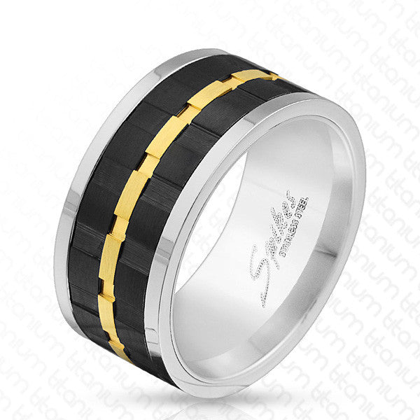 Tri-tone titanium ring with three black & gold spinning gears | Wholesale Titanium Rings | Wedding Bands | Alternate