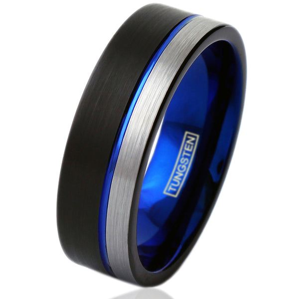 3-tone black tungsten ring w/ sapphire blue inner band & silver edge stripe | Discount wedding bands | White photo