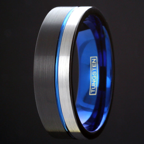 3-tone black tungsten ring w/ sapphire blue inner band & silver edge stripe | Discount wedding bands | Black quarter photo