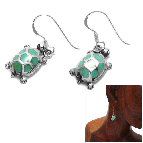 Turtle with blue turquoise turtle shell hanging hook earrings | Wholesale 925 Sterling Silver Jewelry | Combo photo