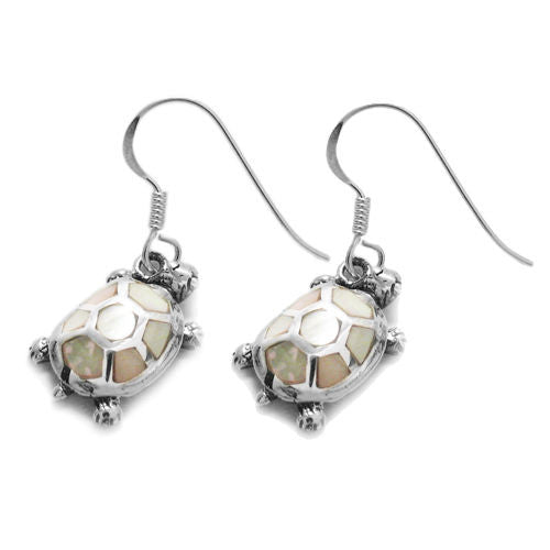 Captivating Sterling Silver Turtle with Mother of Pearl Turtle Shell Hanging Earrings.