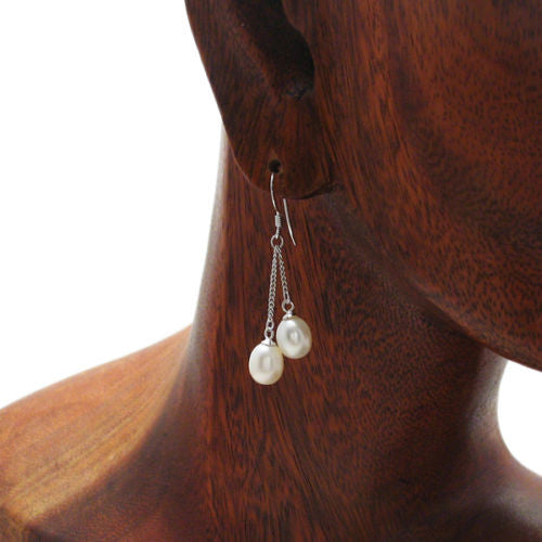 Twin oval freshwater pearls on chains dangling earrings | Wholesale 925 Sterling Silver Jewelry | Alternate photo