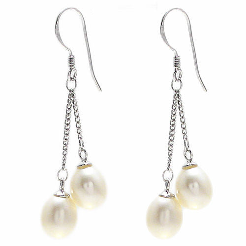 Twin oval freshwater pearls on chains dangling earrings | Wholesale 925 Sterling Silver Jewelry | Item photo