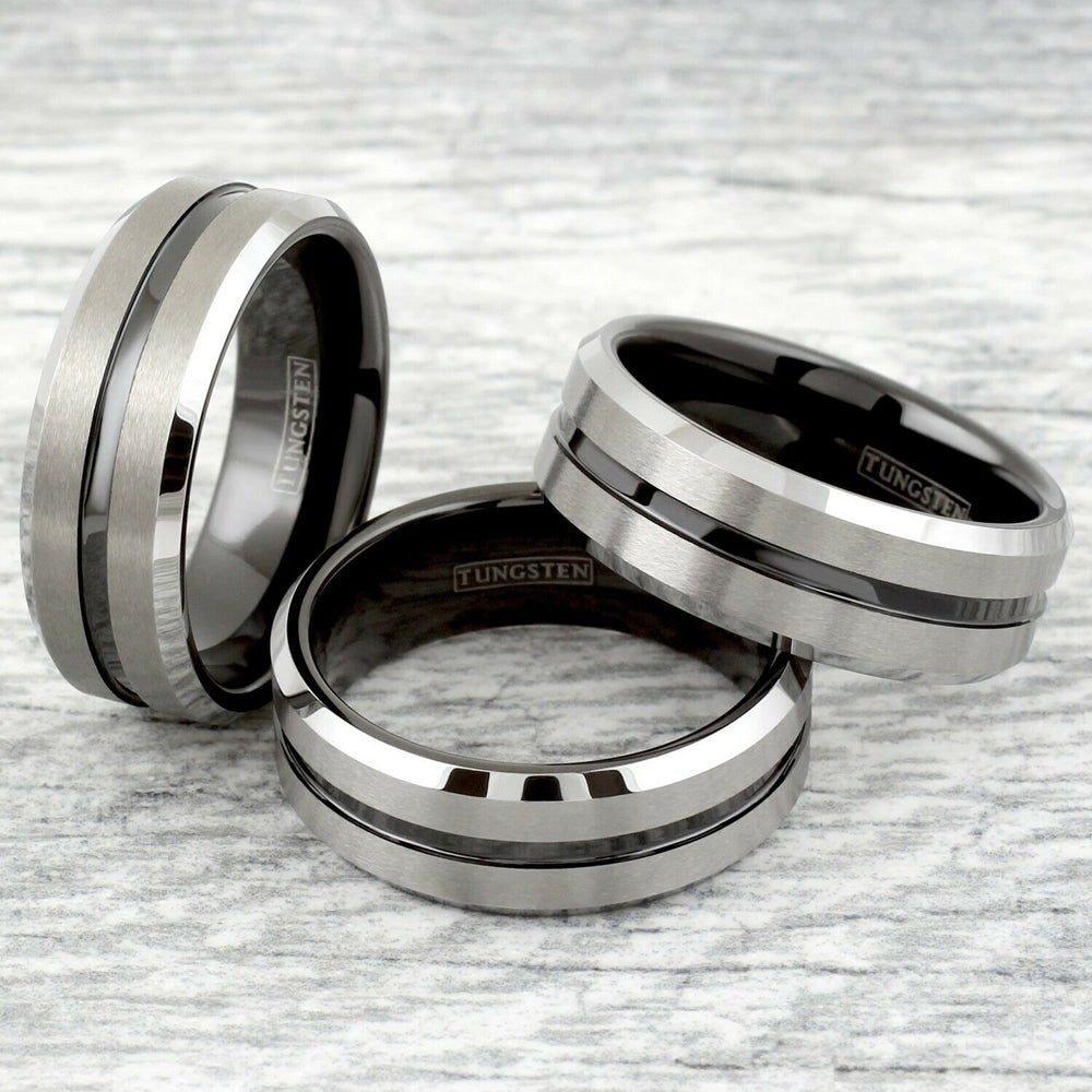 TT 8mm Stainless Steel Silver Stripe Black Centre Wedding Band Ring (R253)  | eBay