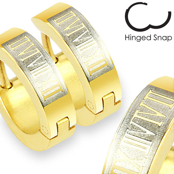 Two-tone gold plated huggie earrings with roman numerals | Wholesale 316L Stainless Steel Jewelry | Small photo