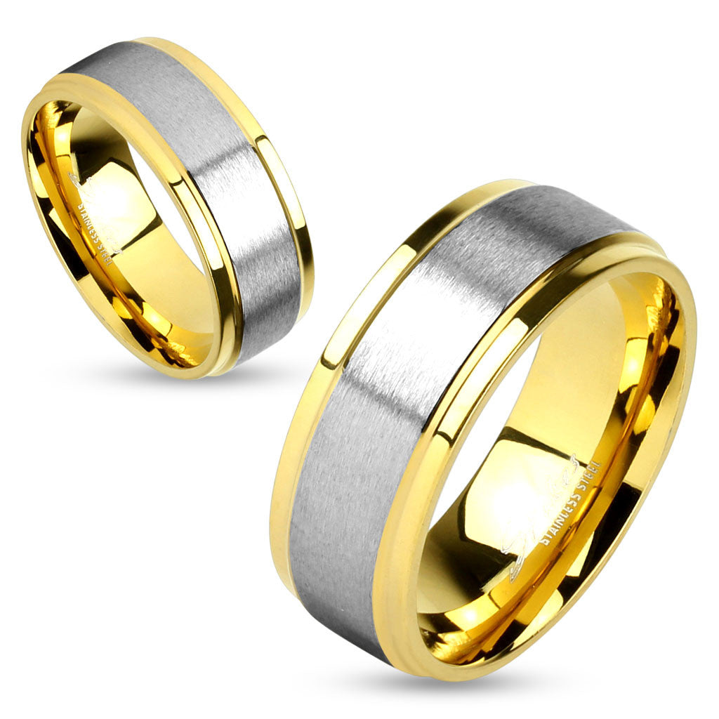 Two-Tone Ridged Edge 14K Gold Ion Plated Ring with Soft Brush Finish Stainless Steel Band. Couple Ring